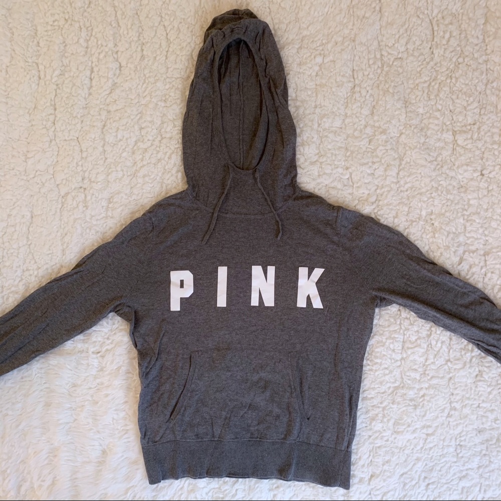 VS PINK Gray Tight Hooded Sweater With Thumb Holes